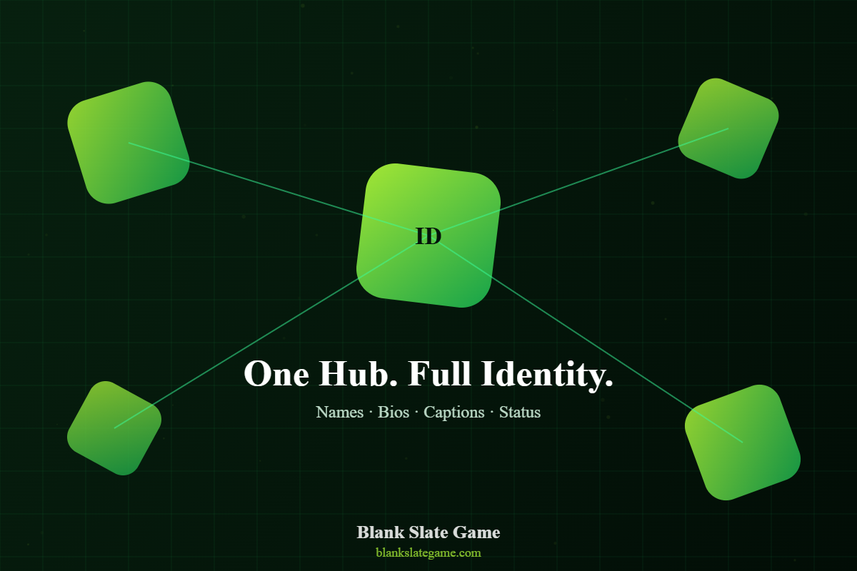 Blank Slate Game gaming identity hub — gamer names, bios, captions and status